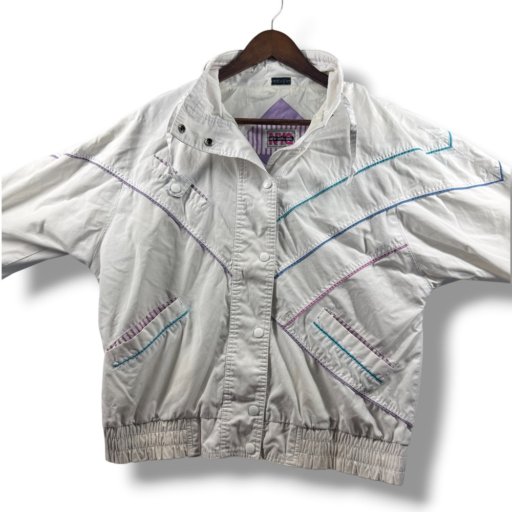 Vintage New York Girl White Windbreaker Jacket Retro 80s 90s Purple Teal M